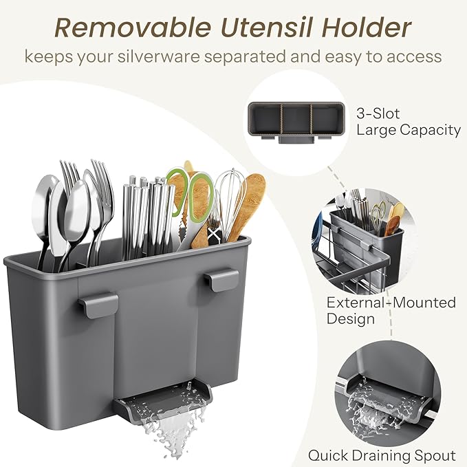 SNTD Dish Drying Rack - Small Dish Rack for Kitchen Counter, Stainless Steel Dish Drainer with Utensil Holder and Drainboard, 11" W x 15" L (Grey)