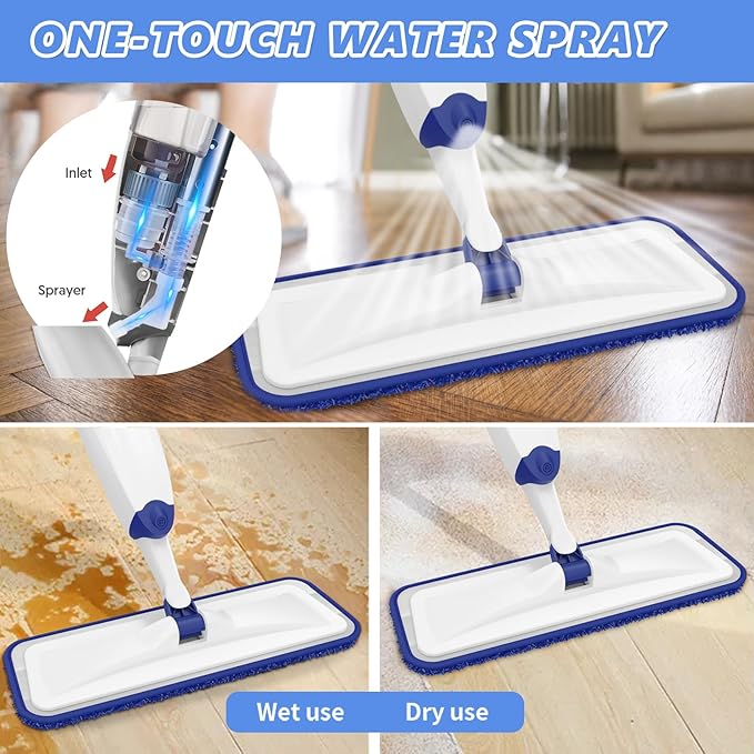 HOMTOYOU Microfiber Flat Mop with Sprayer: Spray Mop with 4 Washable Pads for Cleaning Multi-Surface Floors - 1Pcs 400+ML Refillable Bottle
