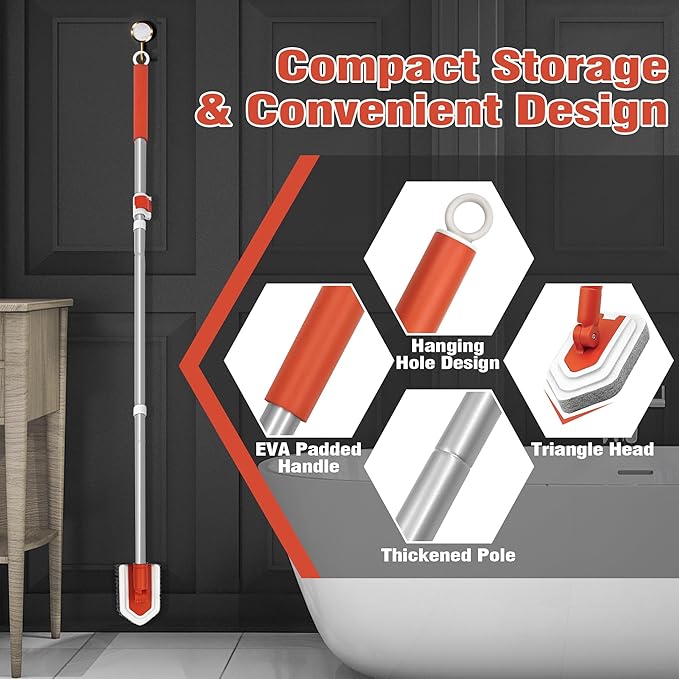JEHONN Shower Cleaning Brush, Tub Tile Scrubber with Telescopic 51 inches Long Handle, 4 Scrub Heads for Bathroom Bathtub Floor Baseboard Sink Toilet