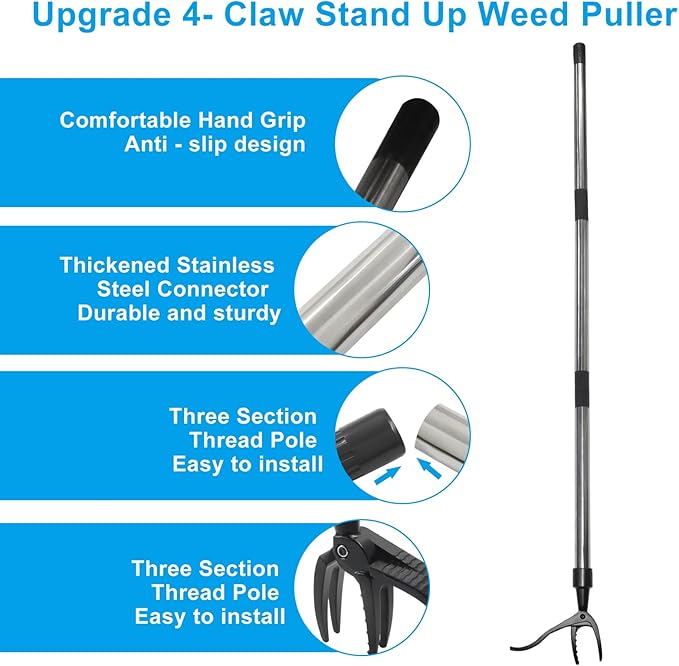 1Pcs Weed Puller, Stand up Weeder Weeding Tool, with Black Claw & Long Silver Metal Handle, 46" Weed Remove Tool for Lawn, Yard & Garden, No Bending or Kneeling Required