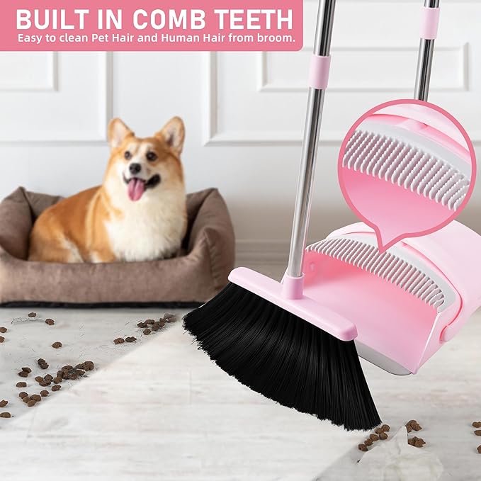 Broom and Dustpan Set House Brooms for Sweeping Indoor Collapsible Broom and Dust Pan Combo for Home Office Kitchen Lobby Floor Pet Hair (Pink)