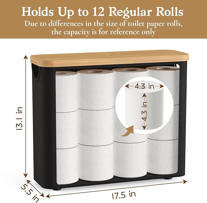 Toilet Paper Storage Basket with Bamboo Lid, Toilet Paper Holder with Storage, Free Standing Bathroom Storage Organizers with Non-Slip Bottom, Black 1 Pack