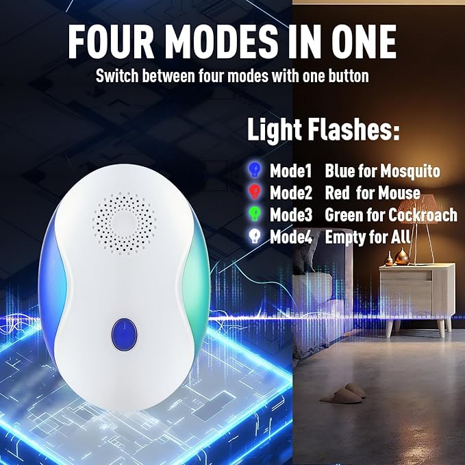 Ultrasonic Pest Repellent for Indoor Use, 4-in-1 Electronic Pest Control for Mice Insects Spiders Rodents Bug Cockroach, Advanced Chip Insect Repeller with Night Light, White (4 Pack)