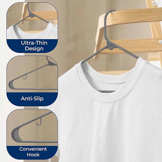 SereneLife Plastic Hangers 100 Pack - Space Saving Clothes Hanger - Durable & Strong Closet Organizers and Storage with Built-in Strap Hooks - Essential for Shirts, Pants, Skirts & Coats (Gray)