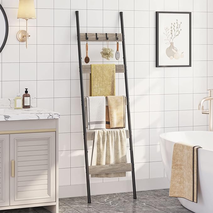 HOOBRO Blanket Ladder, 5-Tier Towel Rack with Hooks, Wall-Leaning Blanket Rack, Decorative Display Ladder Shelf, Scarves, Industrial, Living Room, Bedroom, Greige and Black BG52CJ01