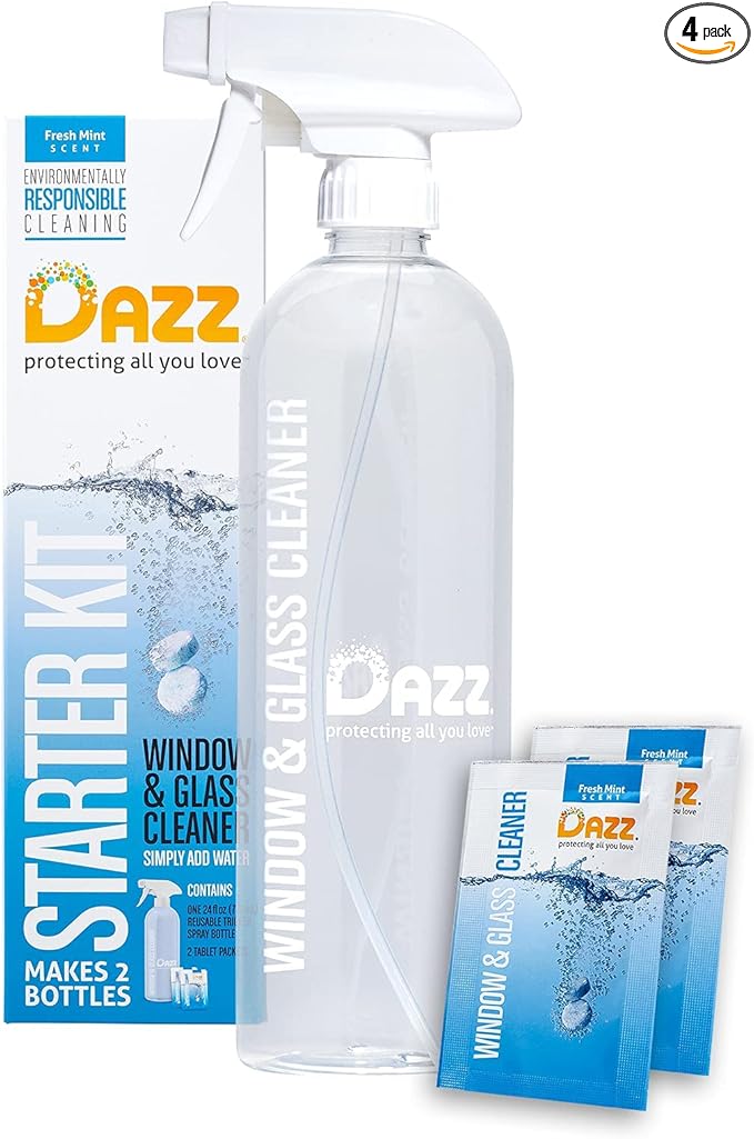 Dazz Window and Glass Cleaner Starter Kit (1 Reusable Spray Bottle, 2 Refills) Natural Cleaning Tablets - Streak Free, Eco Friendly, Non Toxic - Safe for Kids & Pets
