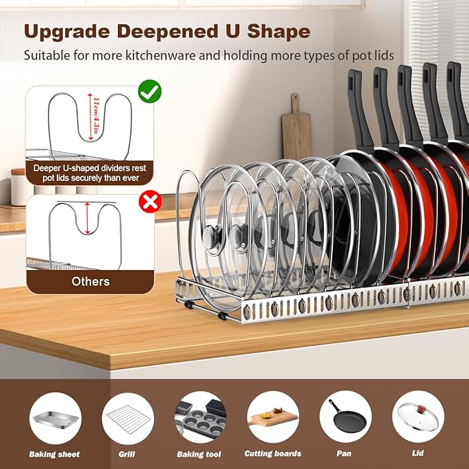 Housolution Pot and Pan Organizer Rack for Cabinet, Stainless Steel Expandable Pot Lid Organizer with 14 Adjustable Dividers, Pot and Pan Holder Rack Storage Organizer for Kitchen, Silver