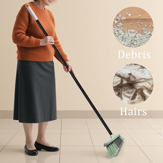 Indoor Broom Soft Bristle Brooms - Brooms for Sweeping Indoor Pet Hair, House Broom for Cleaning Hardwood, Tile, and Decking Surfaces Across.（Green）
