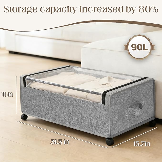 Under Bed Storage with Wheels, 2 Pack Under Bed Storage Containers, 10.6 inches Tall Underbed storage bins on Wheels, Rolling Under the Bed Metal Drawers for Clothes, Blankets, Shoes (XXXL, 90L)