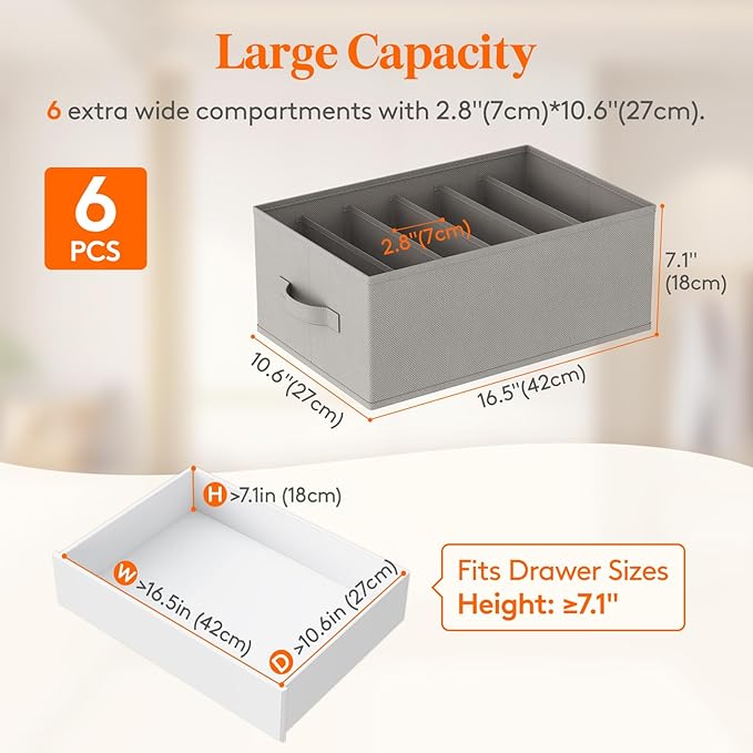Lifewit 6 Pack Clothes Organizer, 6 Grids Closet Jean Storage Bins with Handles and Support Boards, Foldable Drawer Organizer for Sweater, Pants, T-shirt, Dress, Grey, 42 x 27 x 17 cm/16x10x7''