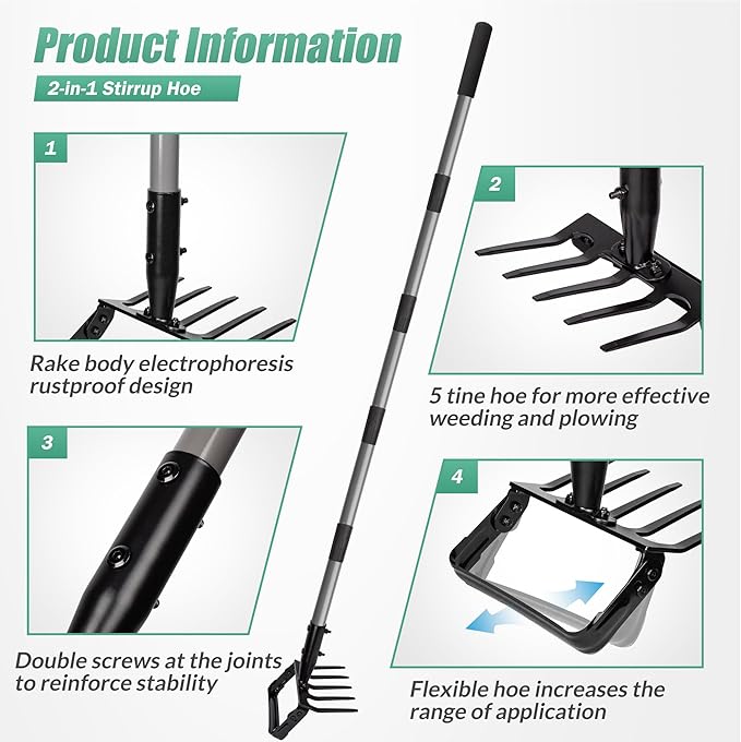 Suchtale 82 Inch Stirrup Hoe and 5-Tines Rake, Action Hoe for Weeding, 2 in 1 Scuffle Hoe with 37-82" Adjustable Handle, Cultivator for Loosening Soil, Loop Hoe for Garden Weeding and Planting