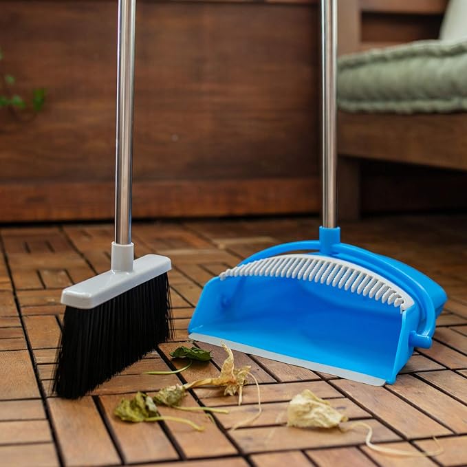 BristleComb Outdoor Broom & Dustpan Set Upright, 49" Long Adjustable Broom, Long Handle, Self-Cleaning Comb & 2 Interchangeable Heads of Different Stiffness - Medium and Coarse