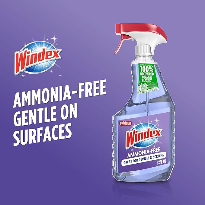 Windex Glass and Window Cleaner Spray Bottle, Ammonia Free, Packaging Designed to Prevent Leakage and Breaking, Crystal Rain Scent, 32 Fl Oz