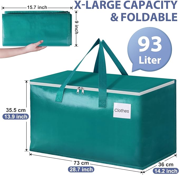 StorageRight Moving Bags-Heavy Duty Moving Boxes, Storage Totes with Zipper, Reinforced Handles and Tag Pocket-Collapsible Moving Supplies for moving, Storage and Travel 93L(Green-6 Pack)