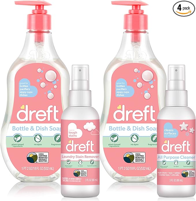 DREFT Bottle and Dish Soap Baby Gift Set - Bonus Travel Size Dreft All Purpose Cleaner & Stain Remover - Made to Clean Baby Essentials - Plant Based Ingredients, Fragrance Free Formula - 4 Piece Set