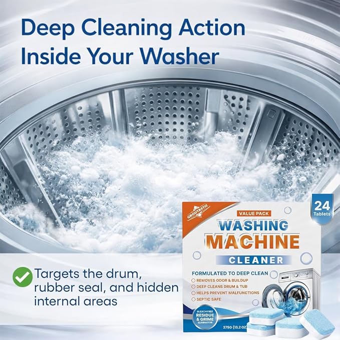 Washing Machine Cleaner Descaler Tablets 24 Pack – Deep Cleaning for HE Front Load and Top Load Washers – Septic Safe Eco Friendly Deodorizer for Drum and Tub Seal