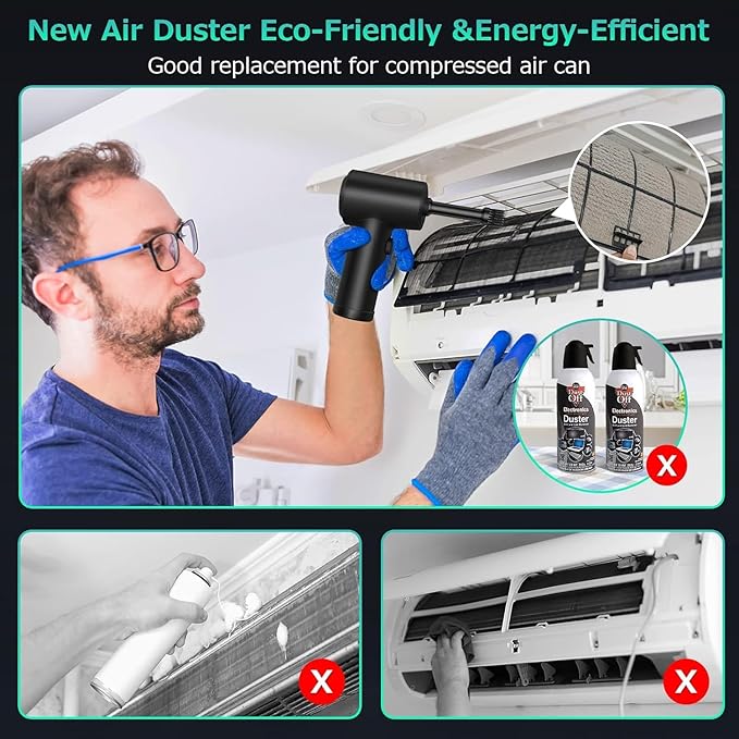 Compressed Air Duster, 3 Gear Adjustable 110000RPM Electric Air Blow Portable Keyboard Cleaner with LED Light, Rechargeable Dust Off Cordless Air Duster for Computer, Car, Electric Devices