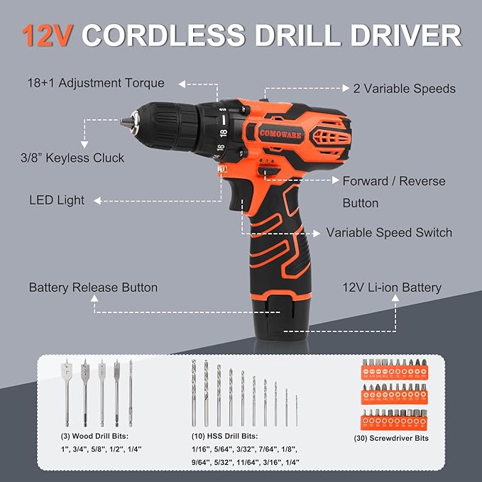 COMOWARE 12V Cordless Drill Set, 169Pcs Hand Tool Set with Cordless Drill Driver, Complete Repair Tool Kit for Men, Storage Bag, Ideal for Office, Garden, Dorm and DIY Project