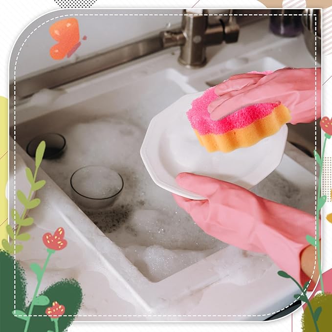 3 Pcs Dual Sided Scrub Sponge Multi Functional Cute Temperature Sensitive Non Scratch Dish Sponge for Washing Dishes Kitchen Bathroom(Flower,Pink)