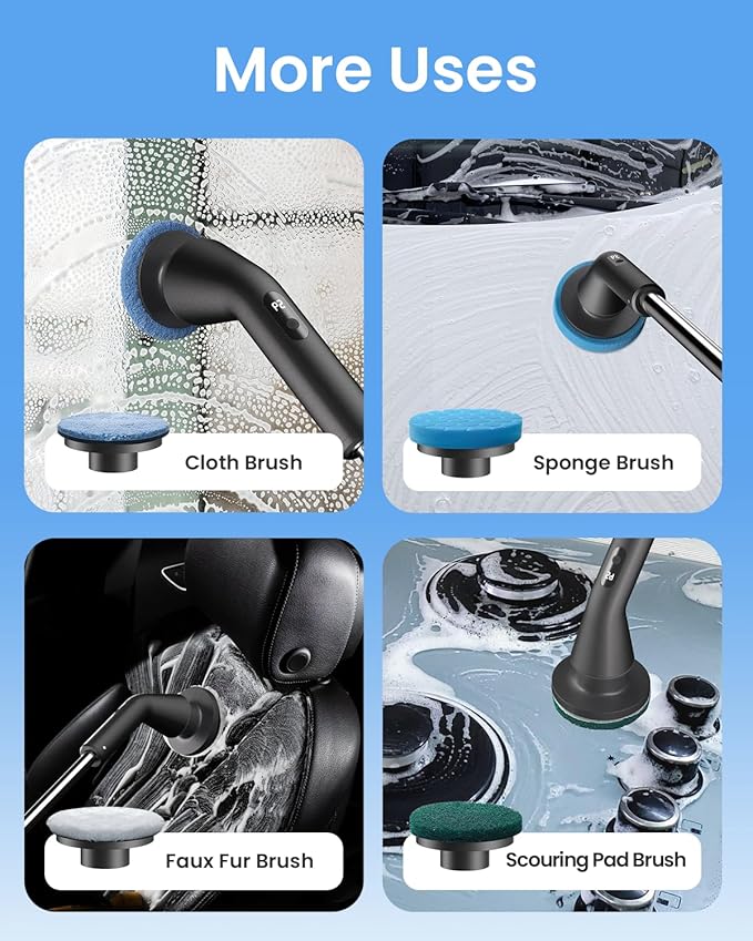 Leebein Electric Spin Scrubber, Cordless Cleaning Brush for Bathroom Shower Tub, IPX7 Waterproof Power Scrubber with 7 Brush Heads, Extendable Long Handle and 2 Speeds Scrubber for Bathtub Floor