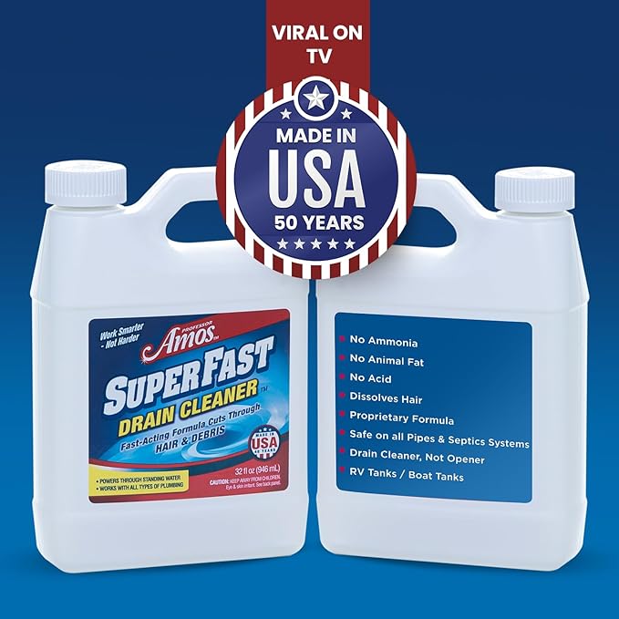 2 Pack Professor Amos Superfast Drain Cleaner Clears Clogs in Minutes Dissolves Hair, Grease & Grime Superfast!