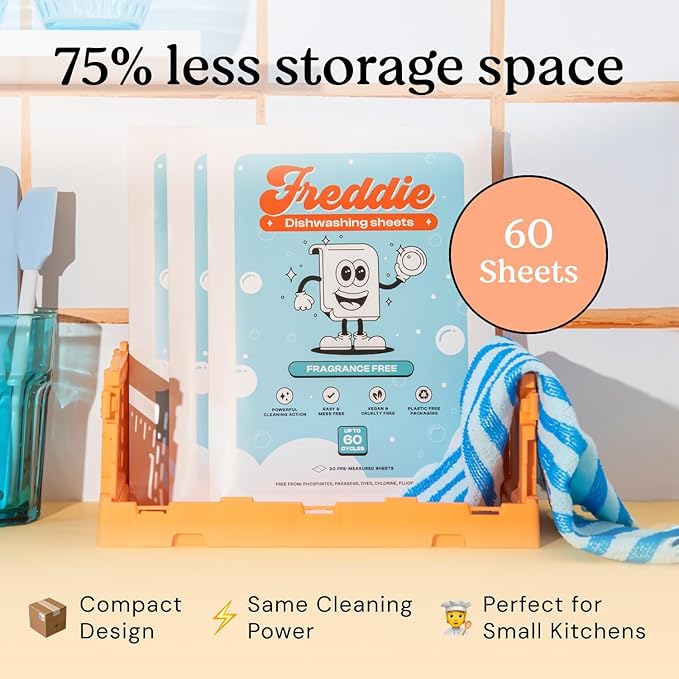 Freddie Dishwasher Sheets Fragrance Free - Space-Saving Alternative to Liquid Detergent - 60 Loads Concentrated Plastic Jug Free Strips
