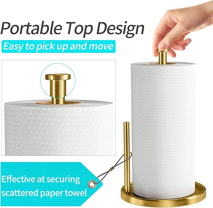 Paper Towel Holder Countertop, Standing Paper Roll Holder with Anti Slip Weighted Base, Stainless Steel Freestanding Paper Towel Holder for Kitchen, Gold