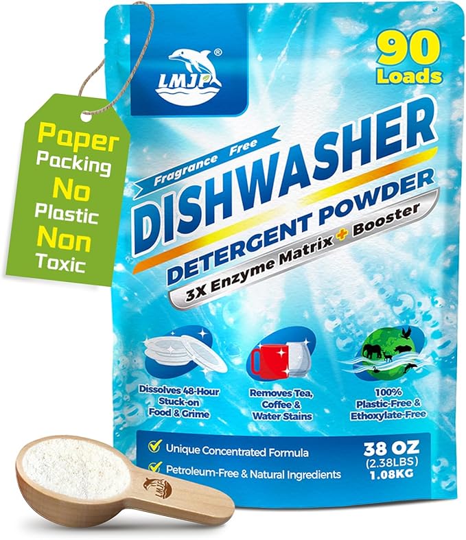 Dishwasher Detergent Powder + Booster, 90 Loads | Plastic-Free, Eco-Friendly Dishwasher Soap – Pods Alternative, Concentrated Plant-Based Enzymes – Cuts Grease & Grime, No Water Spots (Fragrance-Free)