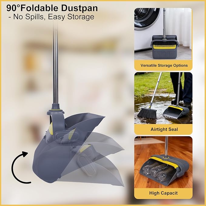 Heavy Duty Broom and Standing Dustpan Combo Set, Rotatable Head Dust Pan and Brush Set with Collapsible Handle, Cleaning Teeth, Hanging Loop, Ideal for Pets, RV, Kitchen, Camping, Outdoor Floor, Gray