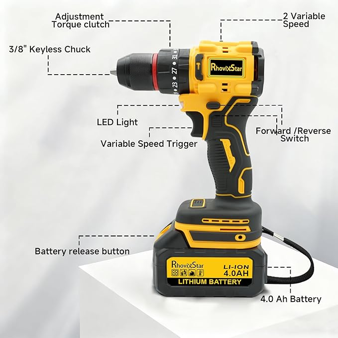 Cordless Drill Set, Power Drill Tool Set 20V, 3/8-Inch Keyless Chuck Drill Gun,Variable Speed (Equipped with 2x 4.0Ah Batteries)