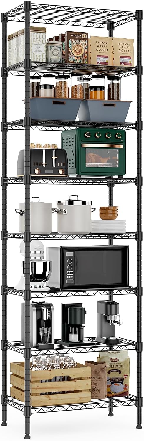 M MZG 8 Tier 2000 lbs Storage Rack Metal Wire Shelving Unit, Storage Standing Shelf Organizer for Laundry Bathroom Kitchen Pantry Closet Garage Basement Utility Room, Black 13.8" D x 23.6" W x 79.5" H