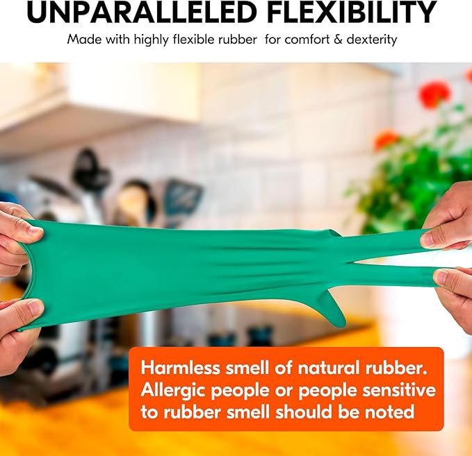 Vgo... 3-Pairs Reusable Household Gloves, Rubber Dishwashing gloves, Extra Thickness, Long Sleeves, Kitchen Cleaning, Working, Painting, Gardening, Pet Care (Size L, Green, HH4601)
