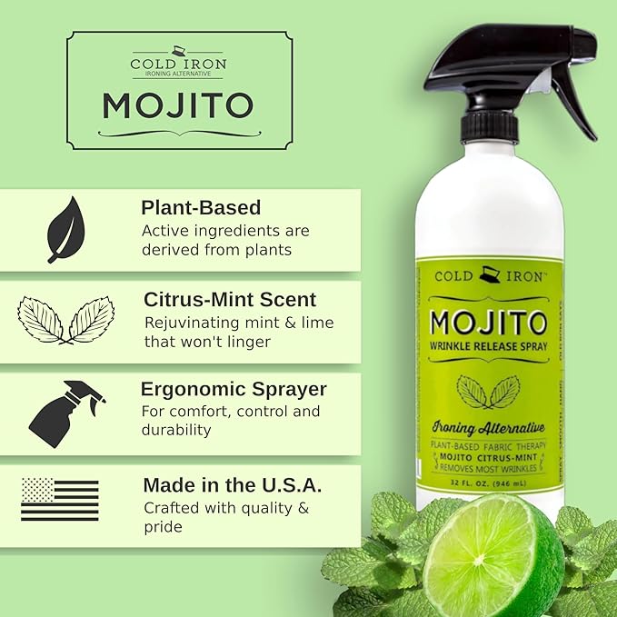 Cold Iron Wrinkle Release Spray for Clothes. 32 fl oz. Mojito Citrus Mint. Plant Based Ironing Alternative. Fast, Easy to Use. Spray, Smooth, Hang. Award Winning Formula Saves you Time