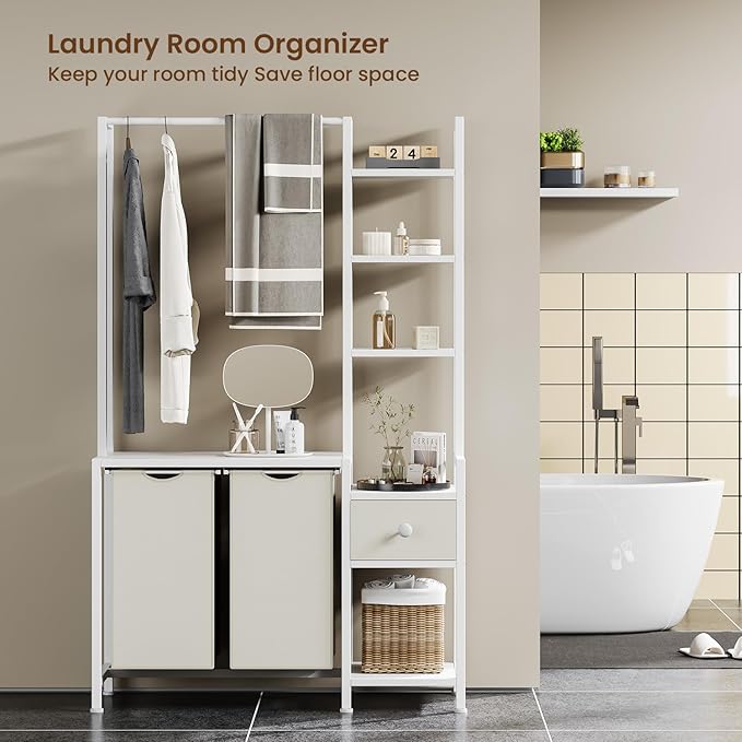 Creso hom Laundry Hamper with Shelf, 5 Tiers Tall Laundry Basket Sorter with 2 Pull-Out and Removable Bags, Clothes Rack with Laundry Sorter for Laundry Room Bathroom Bedroom, White