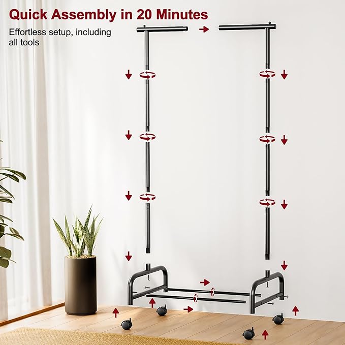 SLEEPING LAMB Heavy Duty Clothing Racks for Hanging Clothes, Small Rolling Clothes Rack with Wheels, Sturdy Garment Wardrobe Rack for Bedroom, Laundry Room, Black