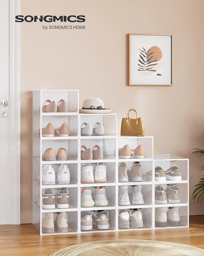 SONGMICS Shoe Boxes, Shoe Storage Organizers Rack for Closet, Plastic Stackable Sneaker Containers Case, 18 Pack, Transparent and Cloud White ULSP318W01