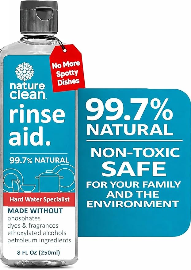 Nature Clean All Natural Dishwasher Rinse Aid Cleaner, Liquid Dishwasher Rinse Agent Spot-Free Glass & Cutlery in Hard Water, Non-Toxic Dish Washer Drying Agent & Stain Remover, 8 oz/250ml, Pack of 1
