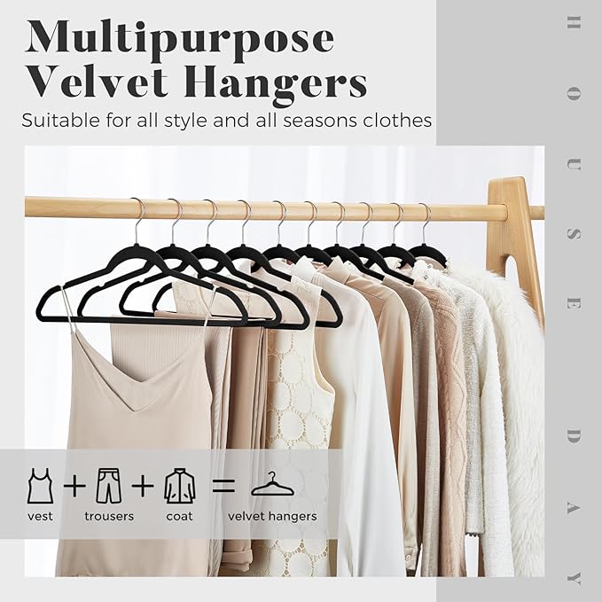 HOUSE DAY Premium Velvet Hangers 30 Pack Black, Non-Slip Flocked Felt Hangers, Sturdy Clothes Hanger with 360° Rotatable Hook, Heavy Duty Durable Slim Coat Hanger for Closet Space Saving