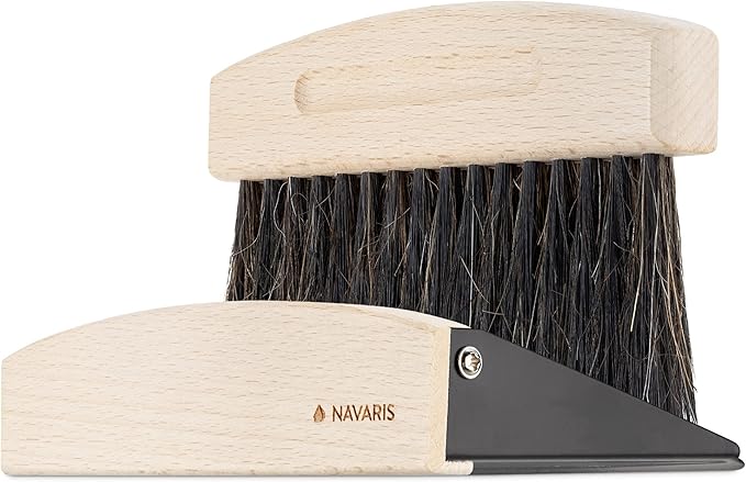 Navaris Small Dustpan and Brush Set - Wooden Mini Dust Pan Brush for Sweeping Table Tabletop - Compact Horsehair Brush for Sweeping Countertop - Black