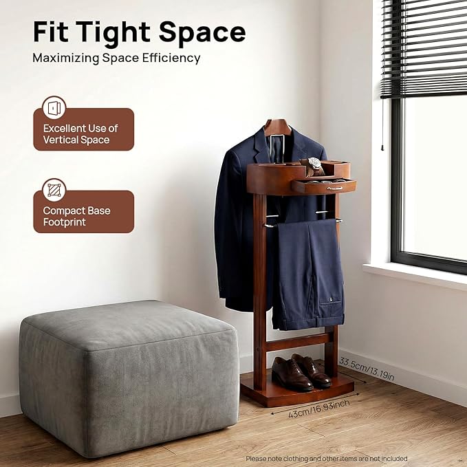 Wood Suit Rack, Freestanding Clothing Valet Stand Valet Stand Suit Racks Freestanding Wood Clothing Valets Stand Rack Organizer Clothes Butler for Bedroom Entryway Home Living Room Office