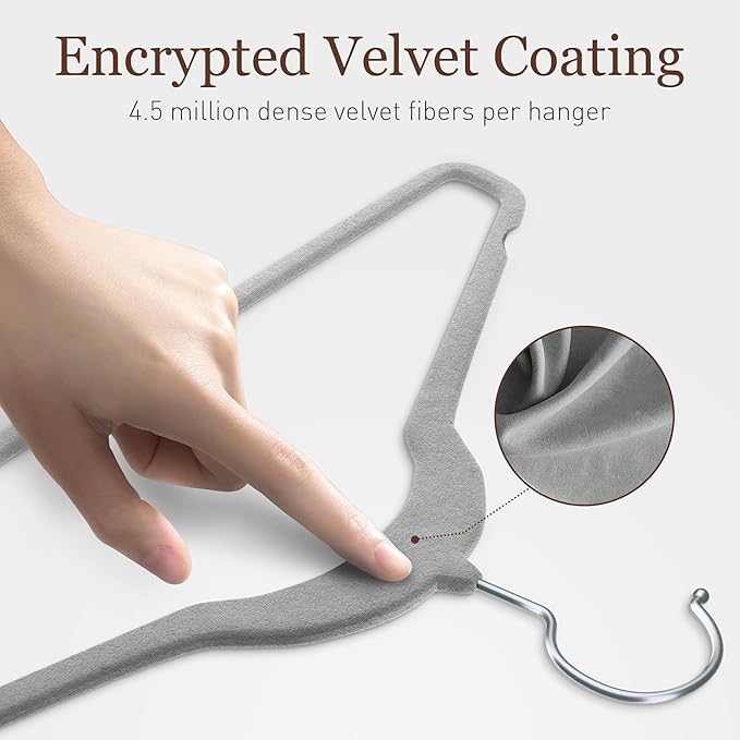 Velvet Hangers 30 Pack, Slim Non-Slip Clothes Hangers Space-Saving for Closet, Heavy Duty for Pants, Coats, Skirts, Jeans, Sweaters and More, Nylon-Flocked, Grey
