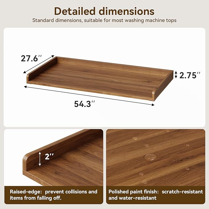 Washer Dryer Countertop, 54.3" x 27.6" Wooden Laundry Countertop with Edge Rails, Washer and Dryer Topper for Laundry Room Organization and Storage