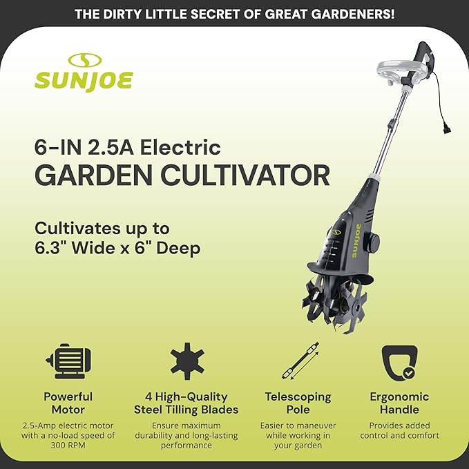 Sun Joe Corded Electric Garden Cultivator with Steel Blades, 6.3-Inch Wide Path, 2.5-Amp Motor - Heavy-Duty Cultivating Machine for Soil Prep, Lawn & Garden Maintenance, TJ599E