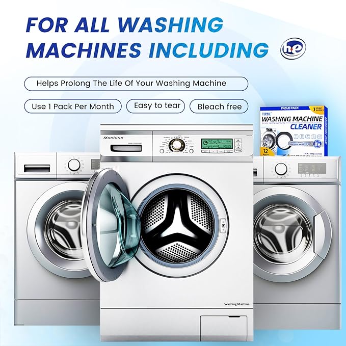 Washing Machine Cleaner Pre-Portioned Powder Tablets for Top Load & Front Load Washers, Odor-Removing, Detergent-Buildup Dissolving, Easy-Dissolve Maintenance Cleaner-12 Pack