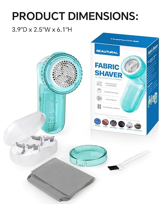 BEAUTURAL Fabric Shaver and Lint Remover, Sweater Defuzzer with 2-Speeds, 2 Replaceable Stainless Steel Blades, Battery Operated, Remove Clothes Fuzz, Lint Balls, Pills, Bobbles