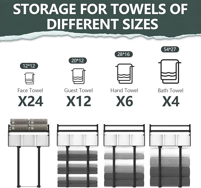 Xstydes Towel Racks for Bathroom, Metal Towel Holder with Storage Basket,Wall Towel Rack for Rolled Towels, Towel Storage for Small Bathroom,Black