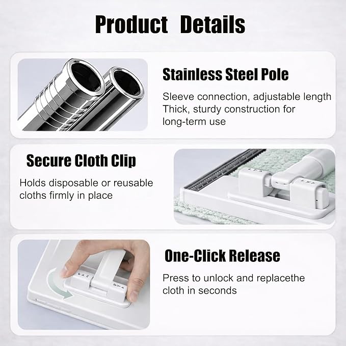 Snap Grip Mini Mop, Clever Zero Touch Cloth Changing Mini Mops, 39 Inch Retractable Gap Dust Cleaner Lazy Mops with Locking Head & Sweeping Cloths for Multi Cleaning