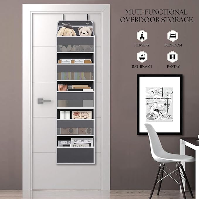 TYMENSH Over Door Organizer with 5 Large Pockets, Heavy Duty Hanging Organizer Storage, Closet Bathroom Nursery Bedroom Dorm, Toys Cosmetics Sundries and Baby Essentials, Gray