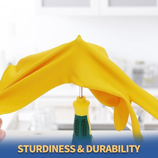 BOOMJOY Rubber Cleaning Gloves, Heavy Duty Dishwashing Gloves, Reusable Medium Gloves for Kitchen, Bathroom, Gardening, Working, Pet Care - Yellow, 3 Pairs, Size M