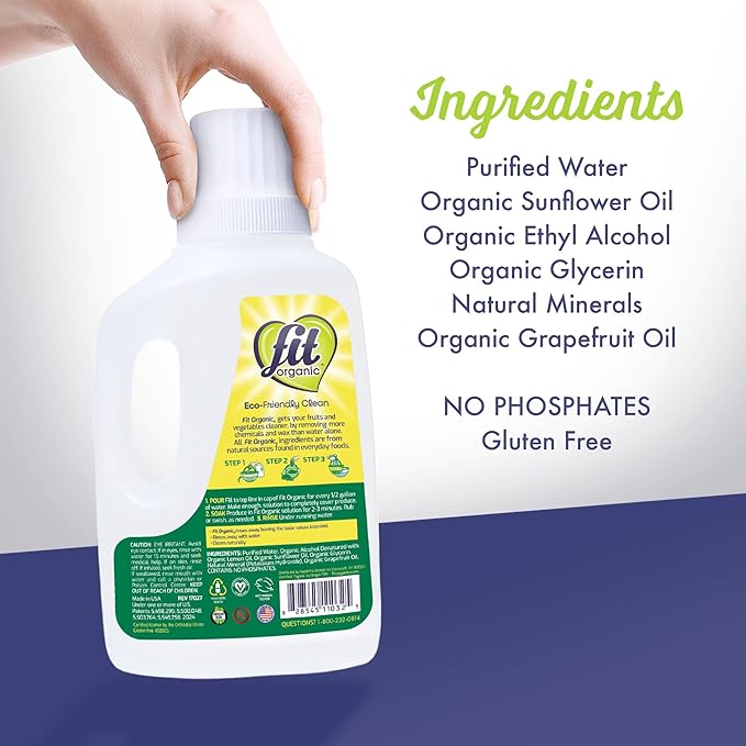 Fit Organic Soaker Produce Wash – USDA Certified Organic & Kosher Fruit and Vegetable Cleaner – Removes 98% Pesticides, Wax & Contaminants – Family & Pet Safe, Chemical-Free, 32 Oz